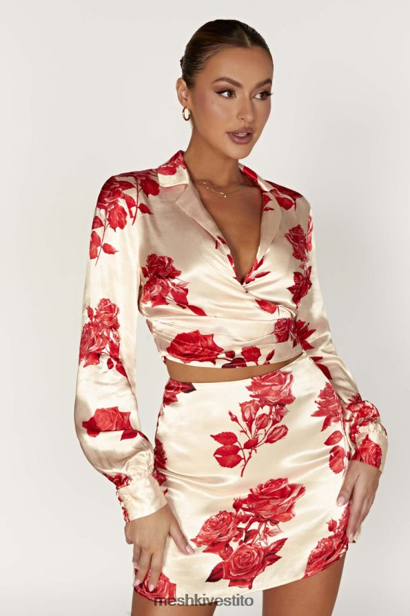 Meshki camicia a portafoglio in raso Amia vestiario stampa di rose 6L048P911