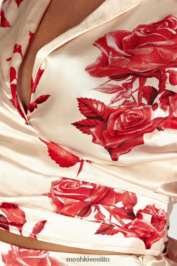 Meshki camicia a portafoglio in raso Amia vestiario stampa di rose 6L048P911