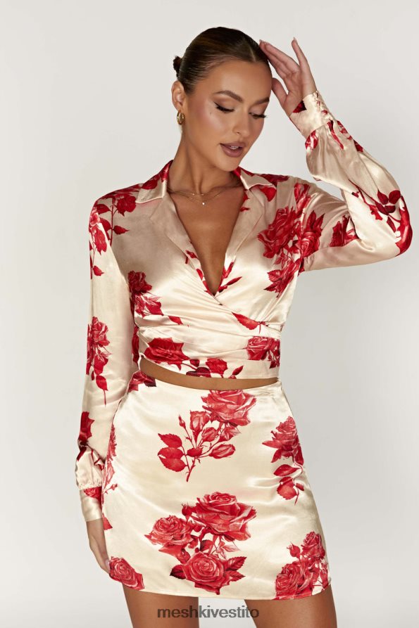 Meshki camicia a portafoglio in raso Amia vestiario stampa di rose 6L048P911