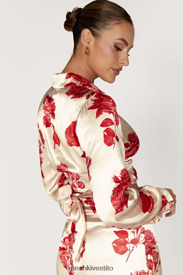 Meshki camicia a portafoglio in raso Amia vestiario stampa di rose 6L048P911