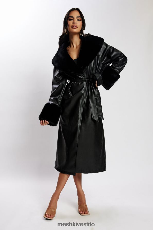 Meshki Trench oversize in PU di Rebecca con bordi in pelliccia vestiario nero 6L048P1647