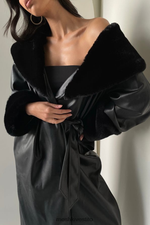 Meshki Trench oversize in PU di Rebecca con bordi in pelliccia vestiario nero 6L048P1647