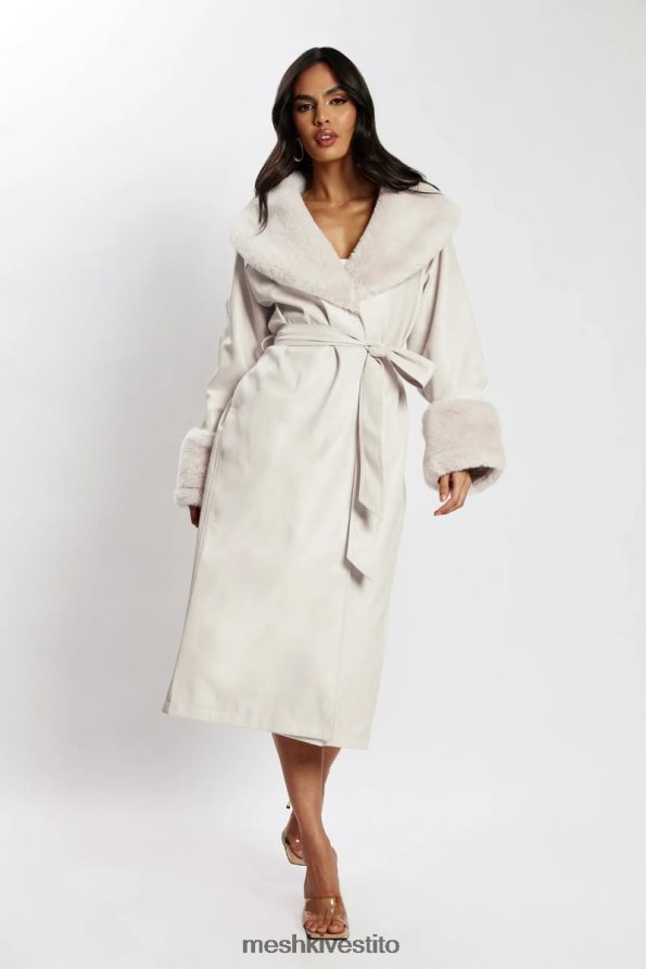 Meshki Trench oversize in PU di Rebecca con bordi in pelliccia vestiario osso 6L048P1650