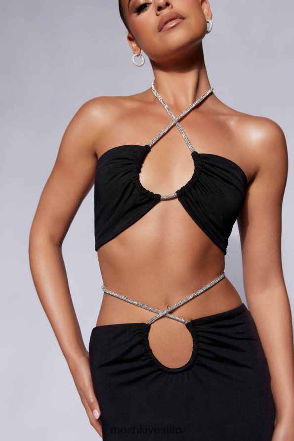 Meshki fascia con ruches in corda di diamanti rubino vestiario nero 6L048P1120