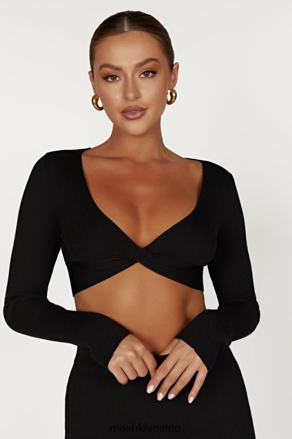 Meshki Top Kaesha in maglia intrecciata sul davanti a maniche lunghe vestiario nero 6L048P903