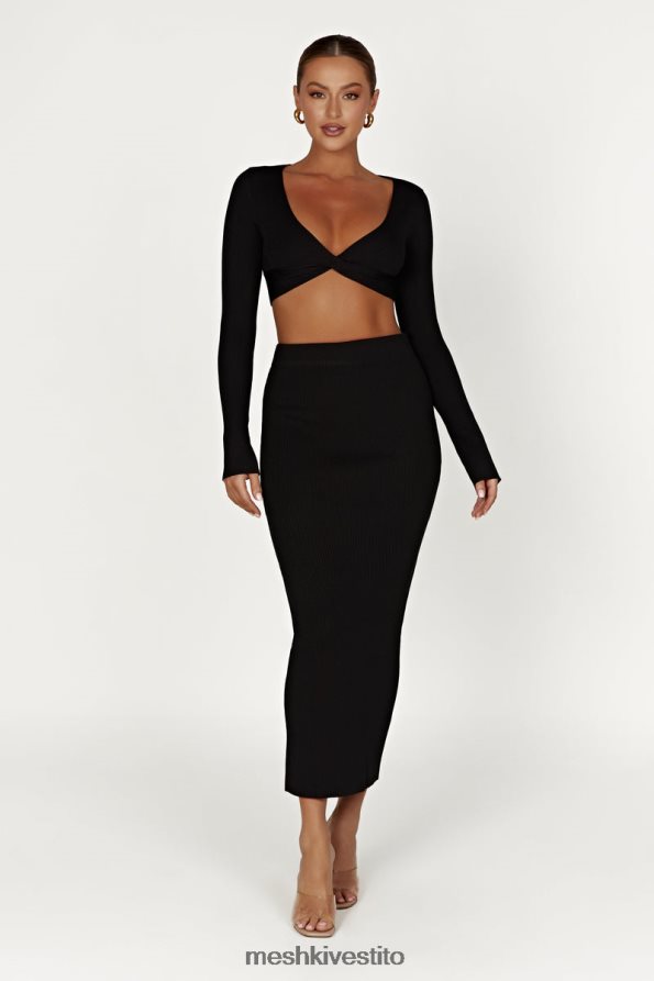 Meshki Top Kaesha in maglia intrecciata sul davanti a maniche lunghe vestiario nero 6L048P903