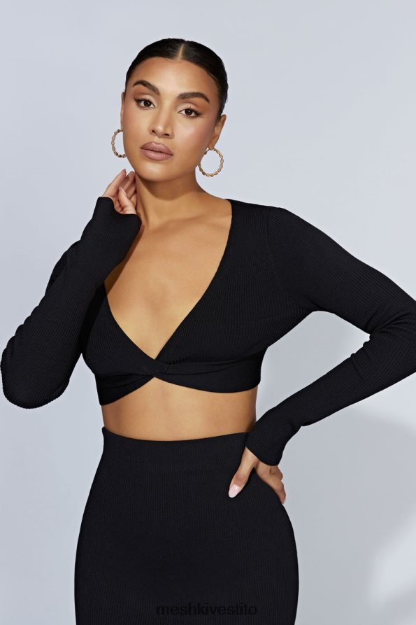 Meshki Top Kaesha in maglia intrecciata sul davanti a maniche lunghe vestiario nero 6L048P903
