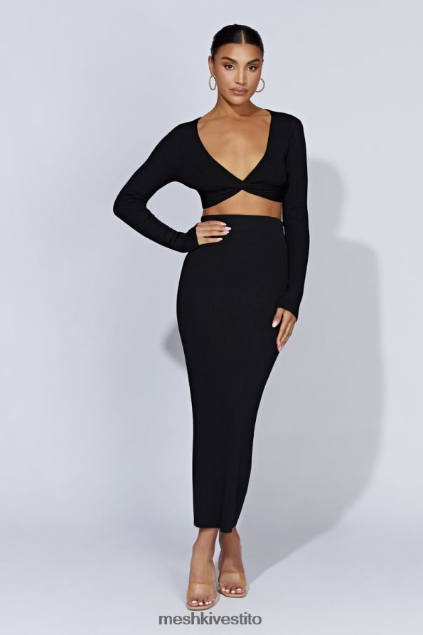 Meshki Top Kaesha in maglia intrecciata sul davanti a maniche lunghe vestiario nero 6L048P903