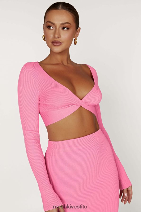 Meshki Top Kaesha in maglia intrecciata sul davanti a maniche lunghe vestiario rosa gomma da masticare 6L048P1070