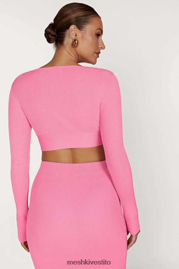 Meshki Top Kaesha in maglia intrecciata sul davanti a maniche lunghe vestiario rosa gomma da masticare 6L048P1070