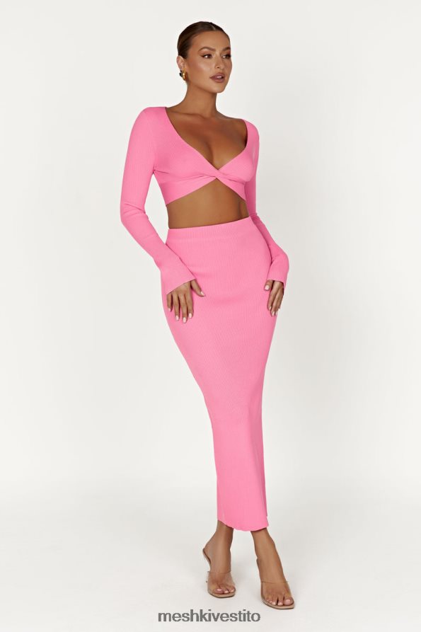 Meshki Top Kaesha in maglia intrecciata sul davanti a maniche lunghe vestiario rosa gomma da masticare 6L048P1070