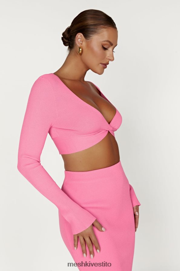 Meshki Top Kaesha in maglia intrecciata sul davanti a maniche lunghe vestiario rosa gomma da masticare 6L048P1070