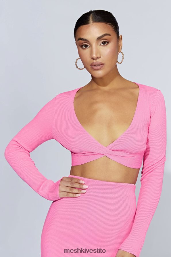 Meshki Top Kaesha in maglia intrecciata sul davanti a maniche lunghe vestiario rosa gomma da masticare 6L048P1070