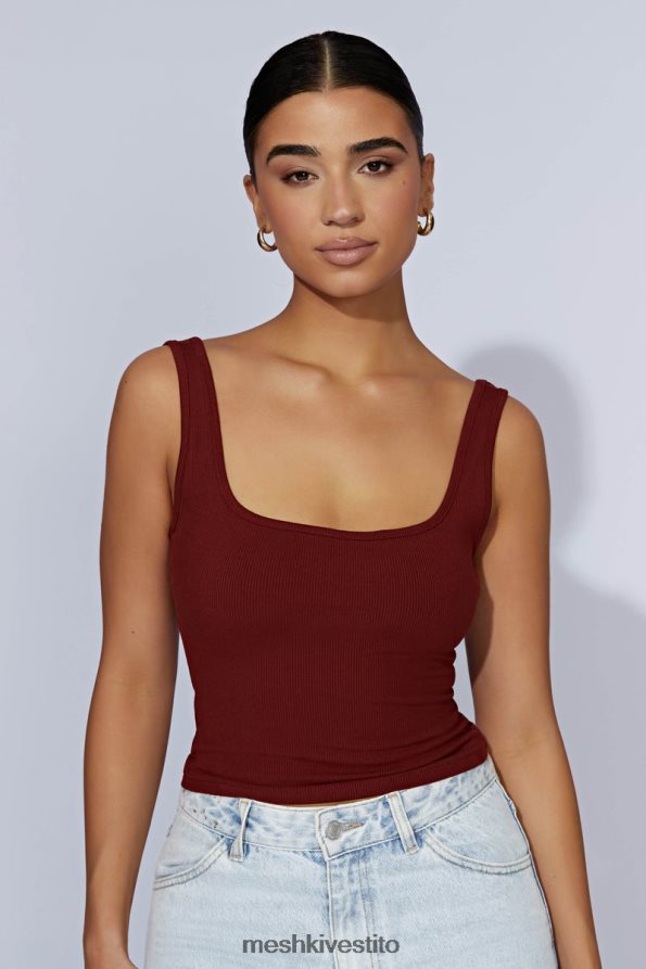 Meshki Top a coste Meghan con scollo quadrato vestiario cioccolato alla ciliegia 6L048P981