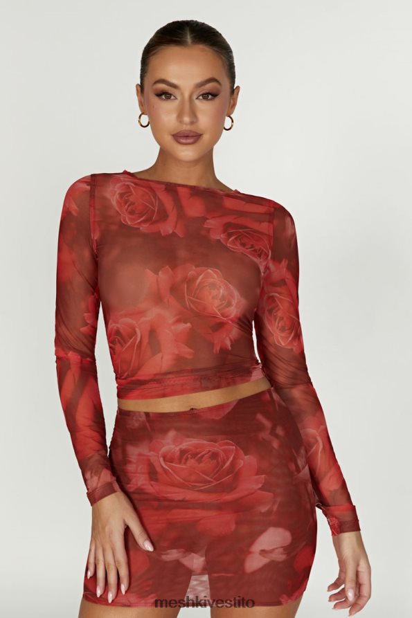Meshki Top a maniche lunghe in rete Blaine vestiario stampa di rose oversize 6L048P1018