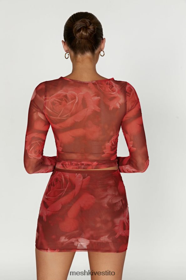 Meshki Top a maniche lunghe in rete Blaine vestiario stampa di rose oversize 6L048P1018