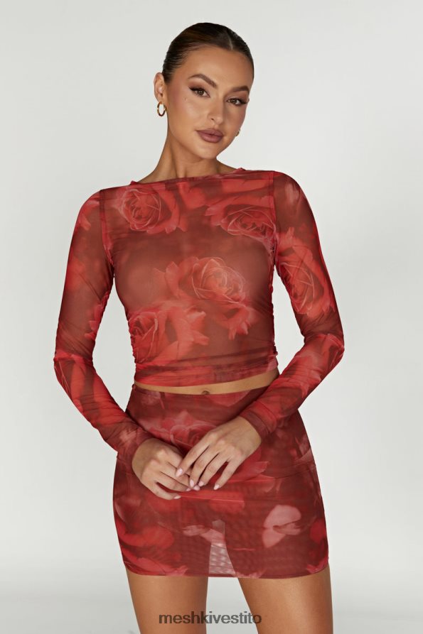 Meshki Top a maniche lunghe in rete Blaine vestiario stampa di rose oversize 6L048P1018