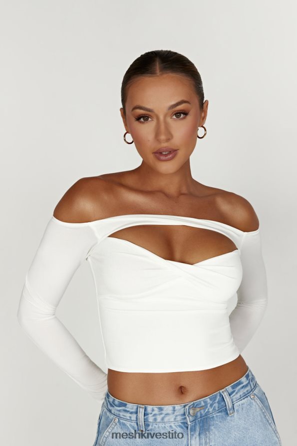 Meshki Top ceri a maniche lunghe con spalle scoperte vestiario bianco 6L048P934