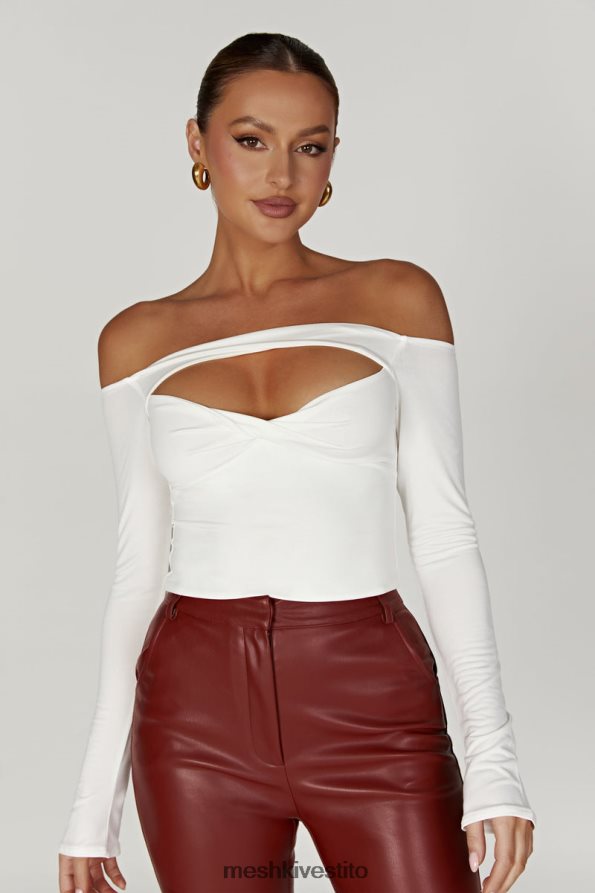 Meshki Top ceri a maniche lunghe con spalle scoperte vestiario bianco 6L048P934