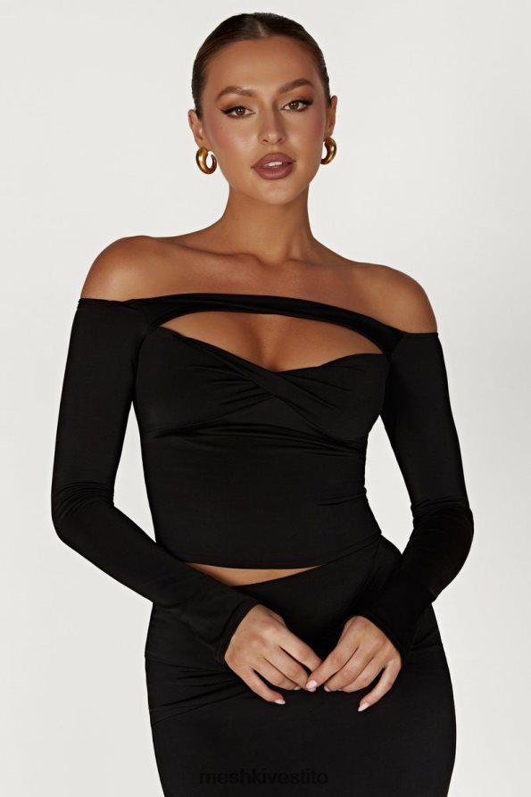Meshki Top ceri a maniche lunghe con spalle scoperte vestiario nero 6L048P856