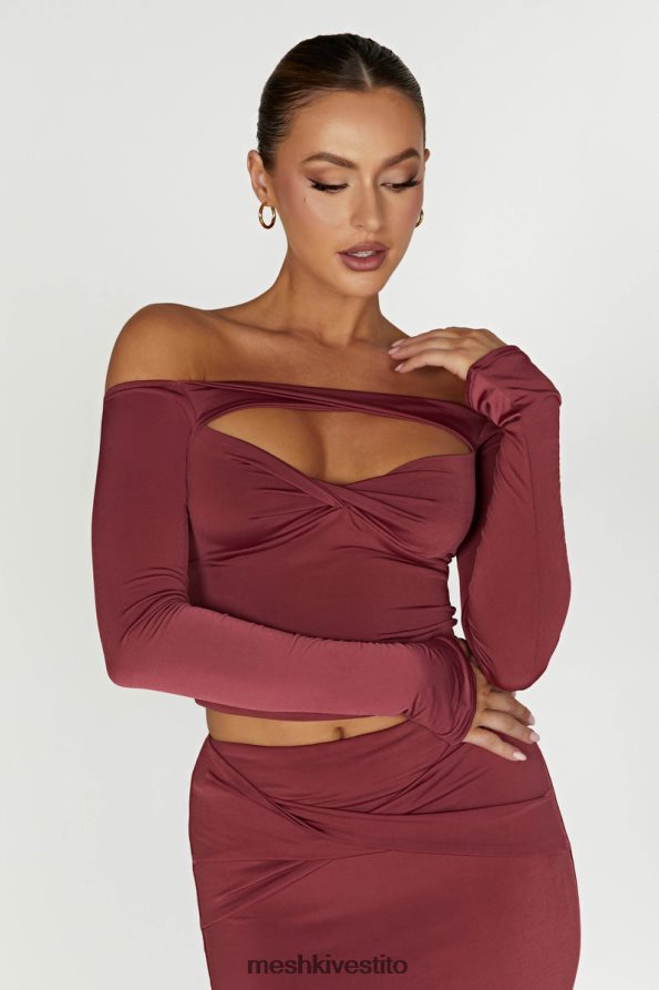 Meshki Top ceri a maniche lunghe con spalle scoperte vestiario vino 6L048P871
