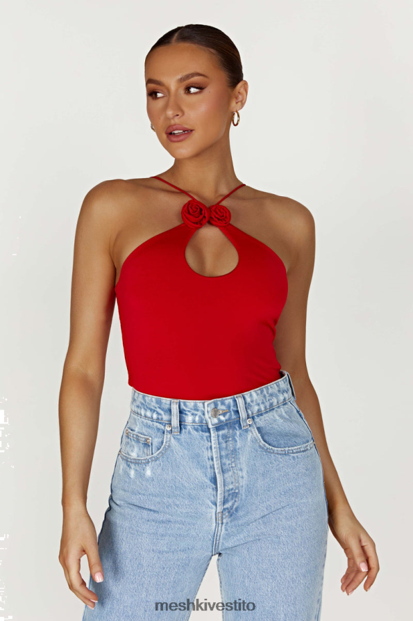 Meshki top allacciato alla caviglia di rosa di adeline vestiario rosso 6L048P783