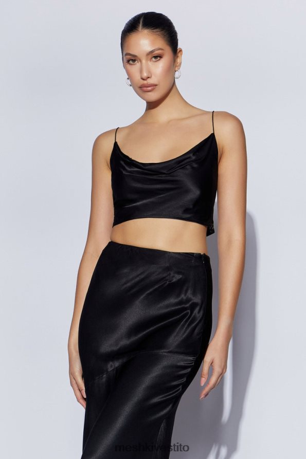 Meshki top con collo ad anello in raso papavero vestiario nero 6L048P1026