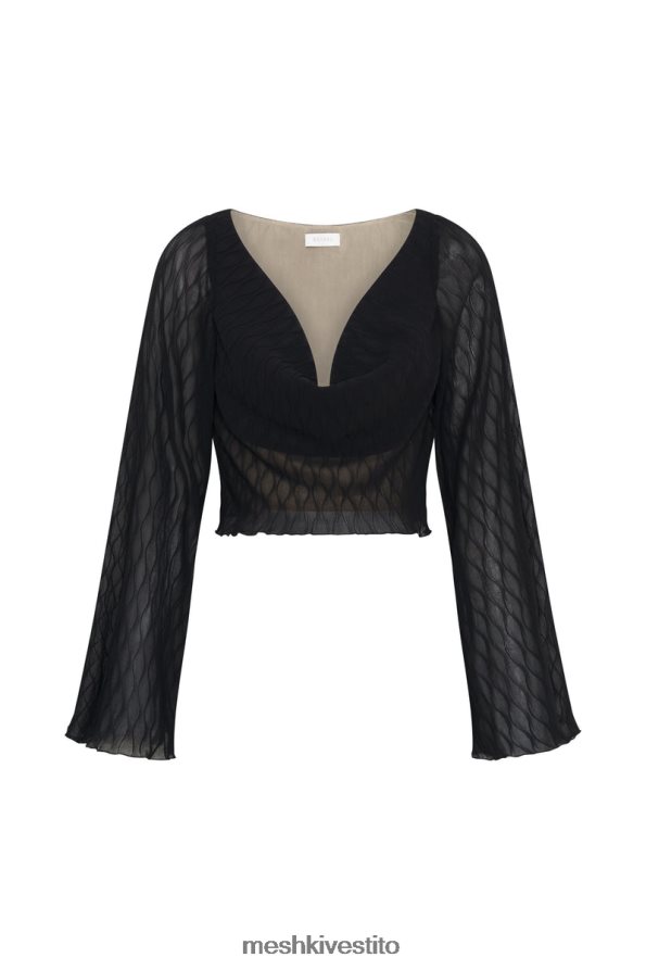 Meshki top con maniche svasate a pieghe ondulate vestiario nero 6L048P1074