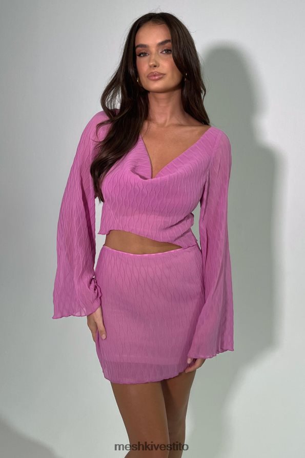 Meshki top con maniche svasate a pieghe ondulate vestiario rosa Rosa 6L048P1078