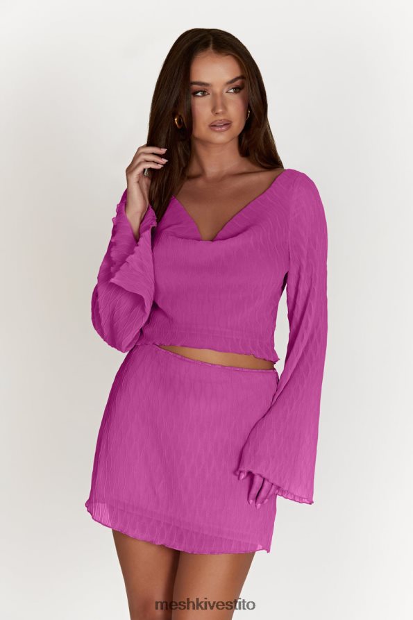 Meshki top con maniche svasate a pieghe ondulate vestiario rosa Rosa 6L048P1078