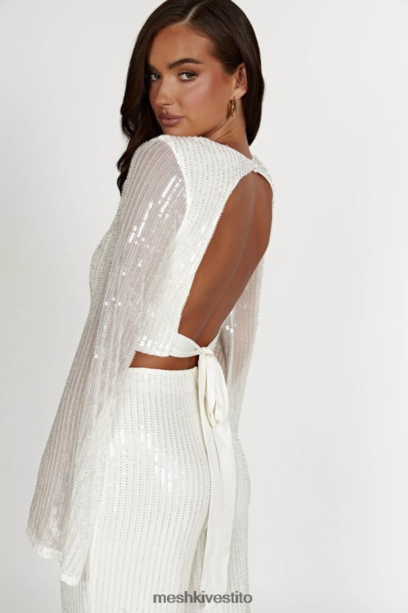 Meshki top diaz a maniche lunghe con paillettes vestiario bianco 6L048P937