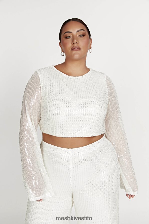 Meshki top diaz a maniche lunghe con paillettes vestiario bianco 6L048P937