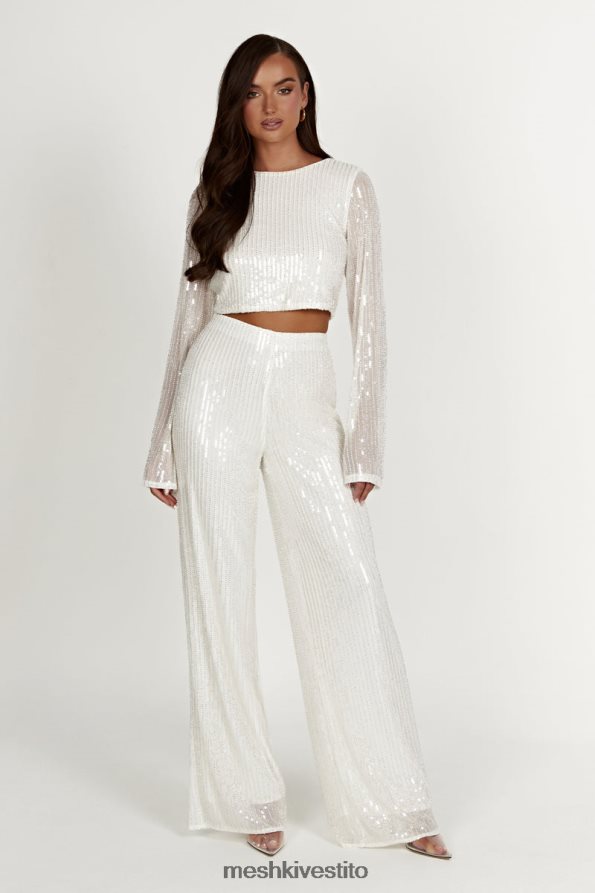 Meshki top diaz a maniche lunghe con paillettes vestiario bianco 6L048P937