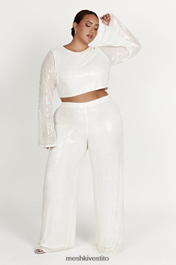 Meshki top diaz a maniche lunghe con paillettes vestiario bianco 6L048P937