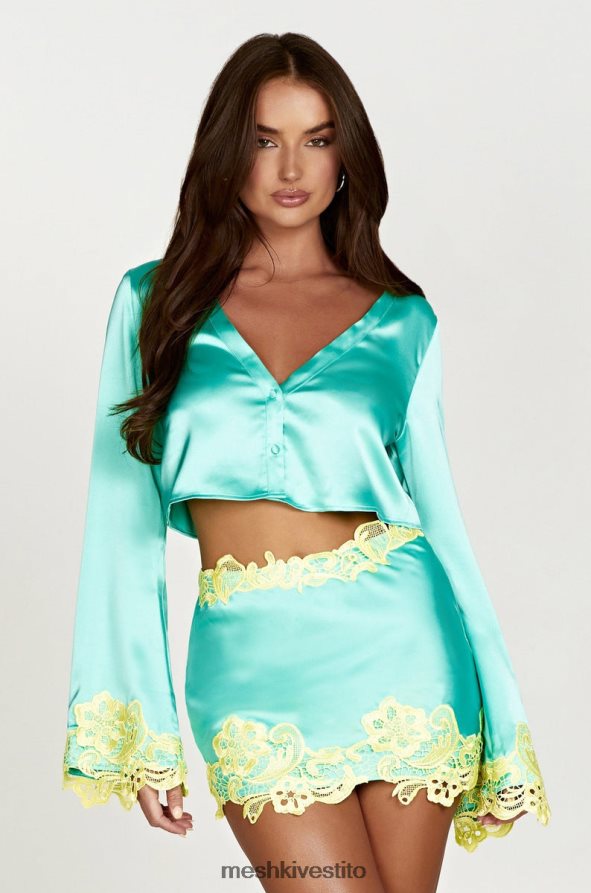 Meshki Top corto Niamh con maniche svasate e pizzo vestiario menta 6L048P1008