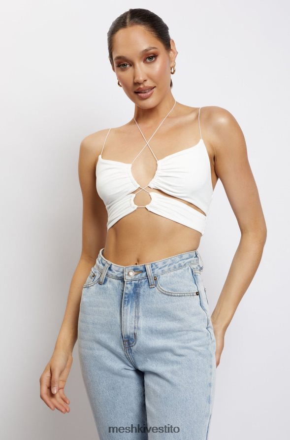 Meshki Top corto con ruches e taglio fenice vestiario bianco 6L048P1153