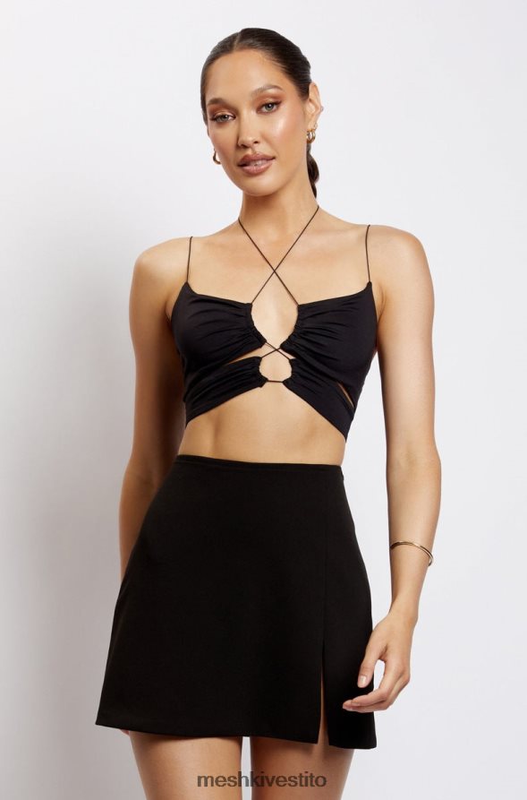 Meshki Top corto con ruches e taglio fenice vestiario nero 6L048P1174