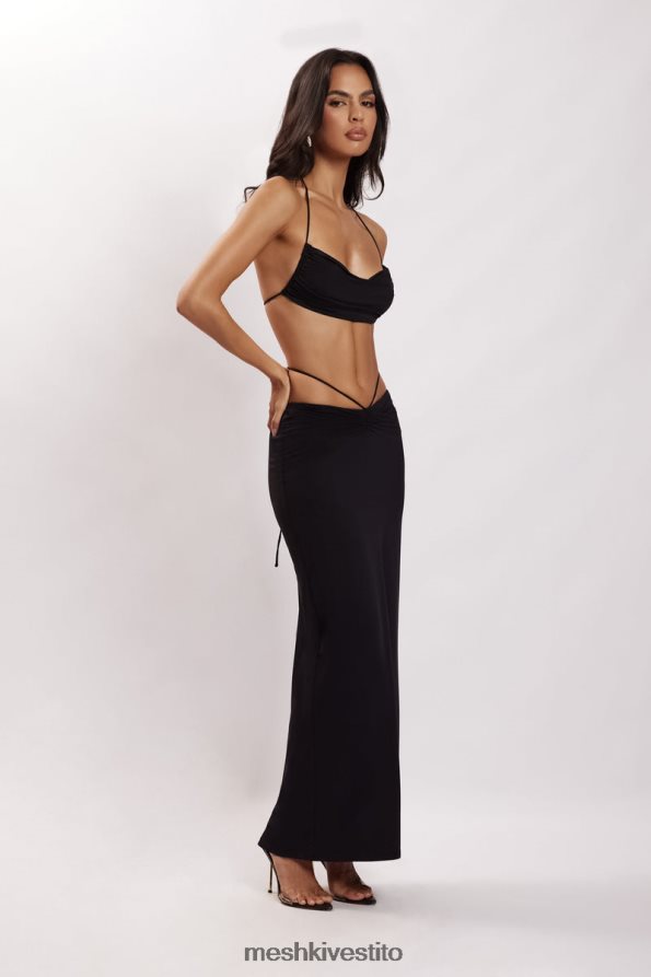 Meshki top corto allacciato con ruche color ambra vestiario nero 6L048P1151