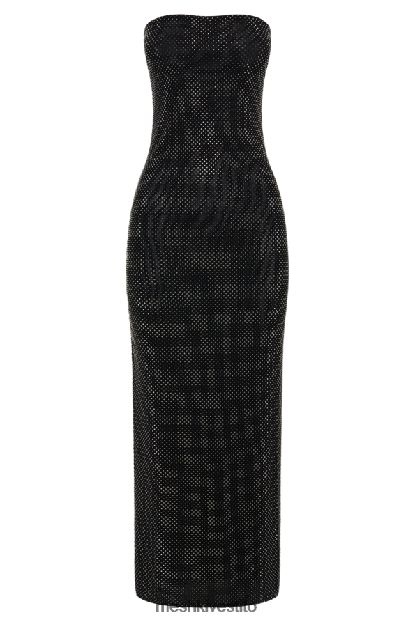 Meshki Abito midi con strass senza spalline ondulati vestiario nero 6L048P359