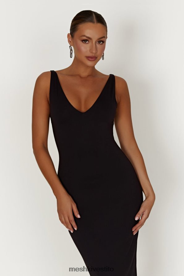 Meshki Abito midi gretel in nylon riciclato con scollo a V vestiario nero 6L048P310