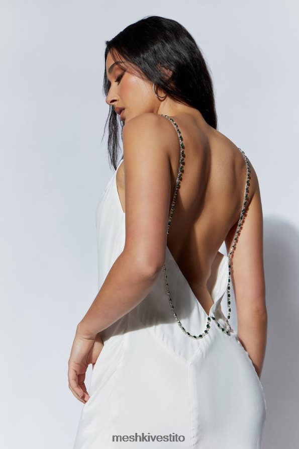 Meshki Abito midi rasta con spalline in diamante e collo ad anello vestiario bianco 6L048P534