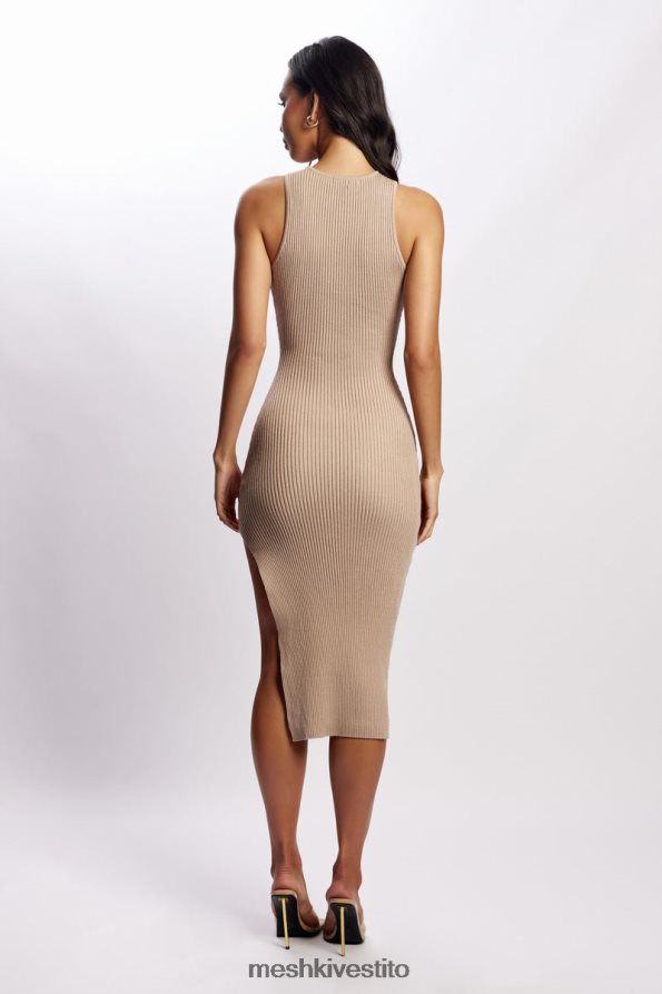Meshki abito midi in maglia color terra di Siena al ginocchio con spacco laterale vestiario tortora 6L048P477