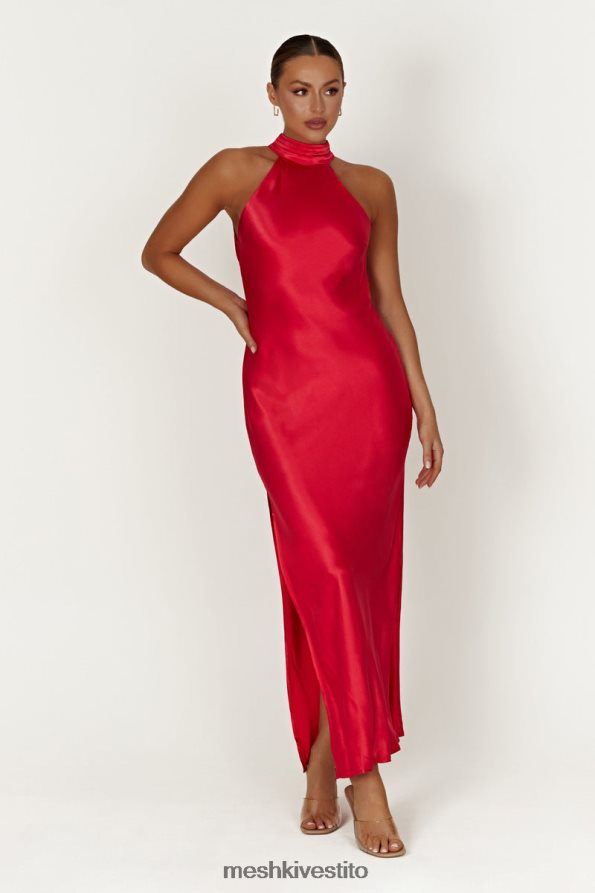 Meshki Abito lungo Claire in raso con drappeggio sul retro e spacco vestiario rosso 6L048P234