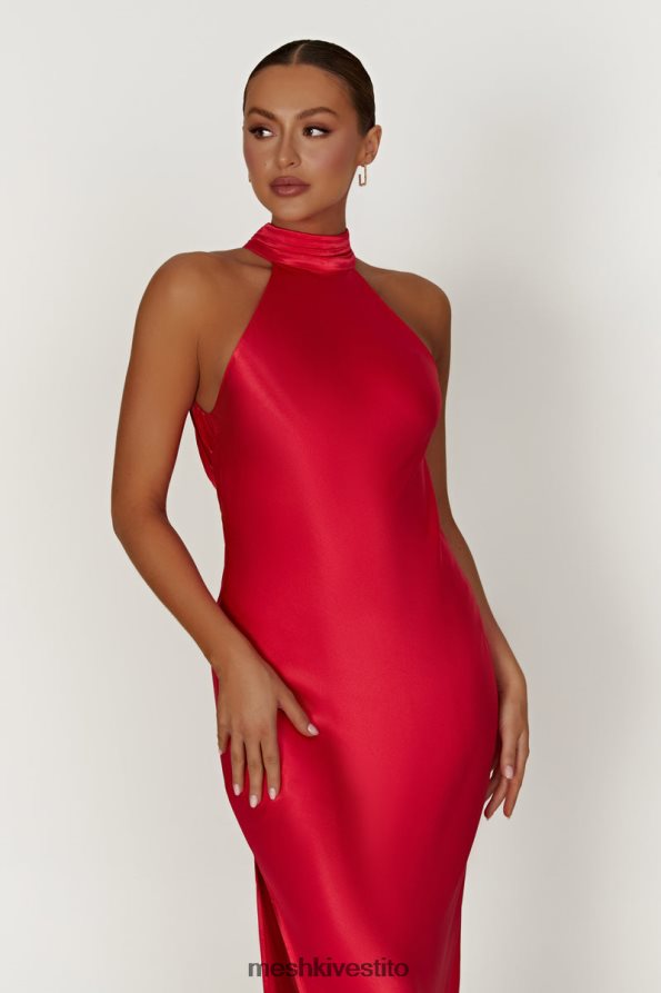 Meshki Abito lungo Claire in raso con drappeggio sul retro e spacco vestiario rosso 6L048P234