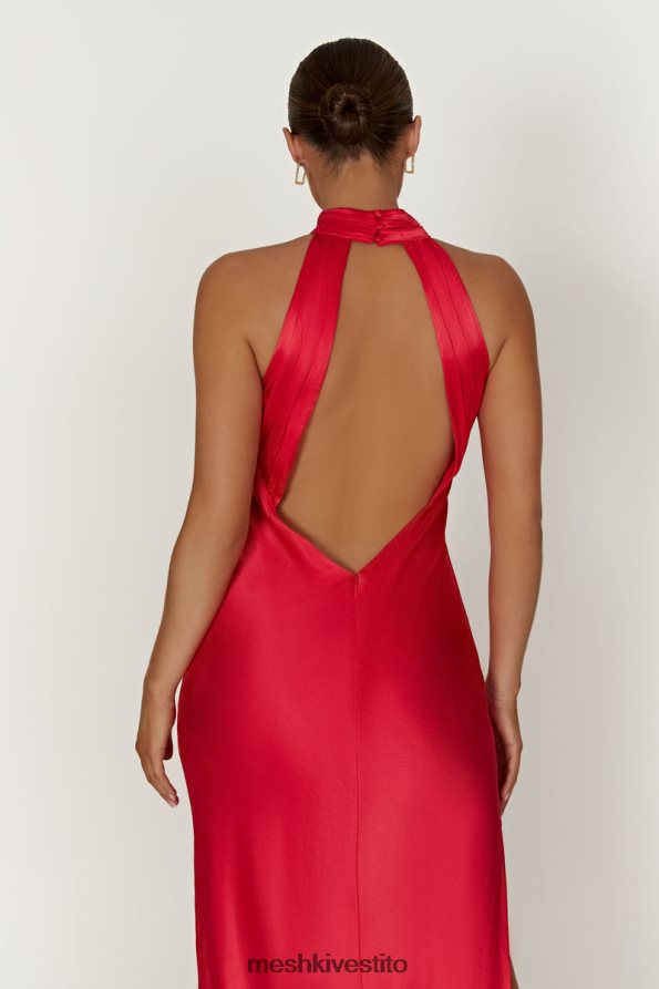 Meshki Abito lungo Claire in raso con drappeggio sul retro e spacco vestiario rosso 6L048P234