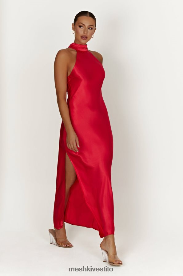Meshki Abito lungo Claire in raso con drappeggio sul retro e spacco vestiario rosso 6L048P234