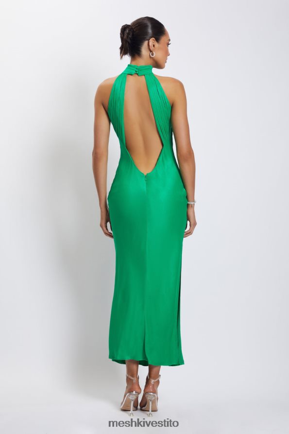 Meshki Abito lungo Claire in raso con drappeggio sul retro e spacco vestiario verde 6L048P37
