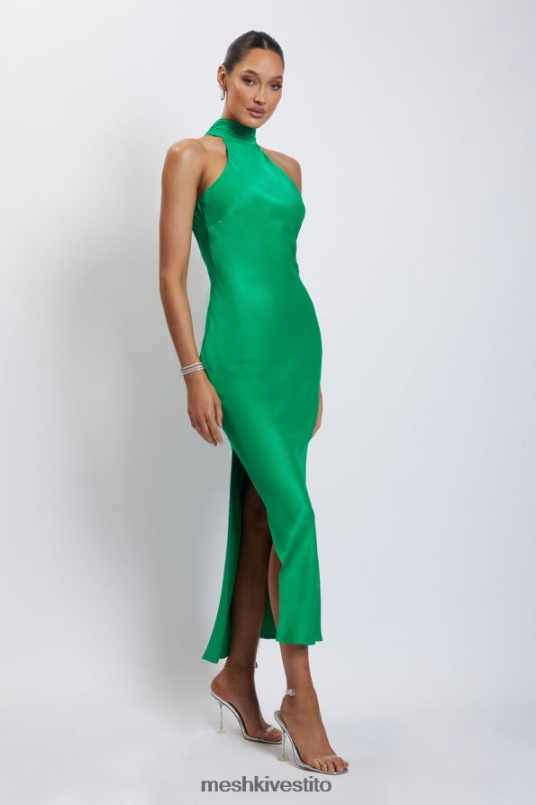 Meshki Abito lungo Claire in raso con drappeggio sul retro e spacco vestiario verde 6L048P37