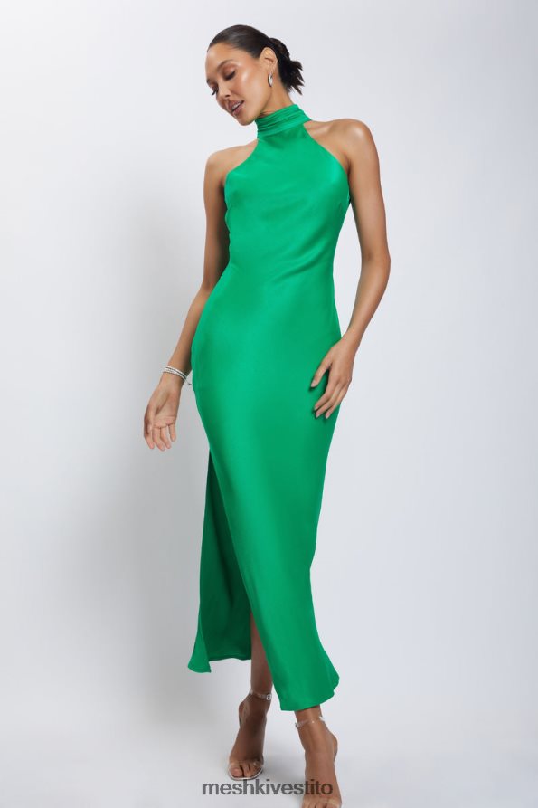 Meshki Abito lungo Claire in raso con drappeggio sul retro e spacco vestiario verde 6L048P37