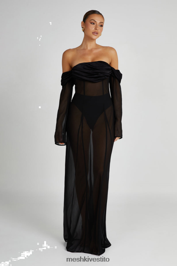 Meshki Abito lungo Ivanna in chiffon con spalle scoperte vestiario nero 6L048P55